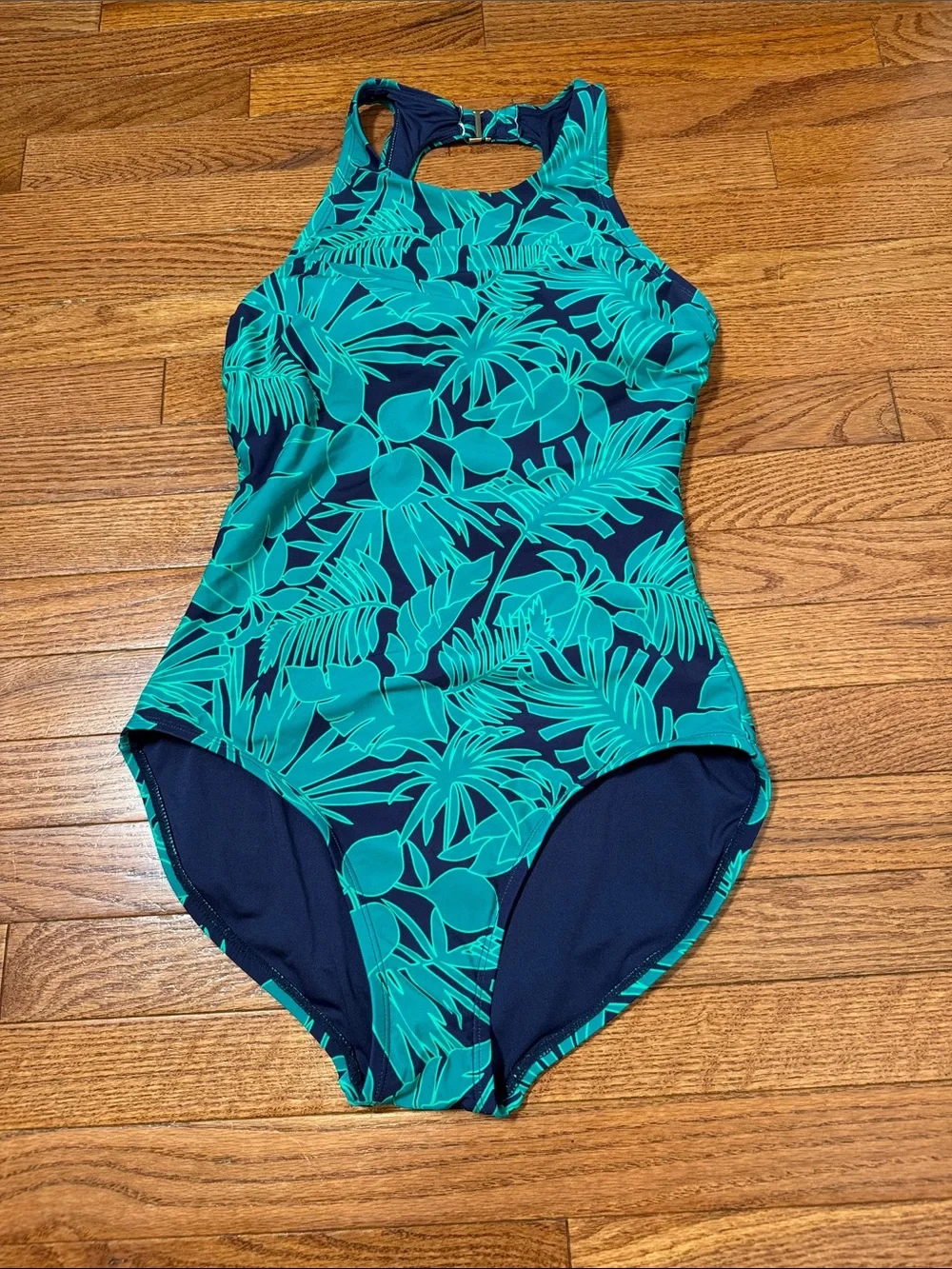 Land's End Tropical Leaf High Neck One-Piece Swimsuit - Medium (8-10)